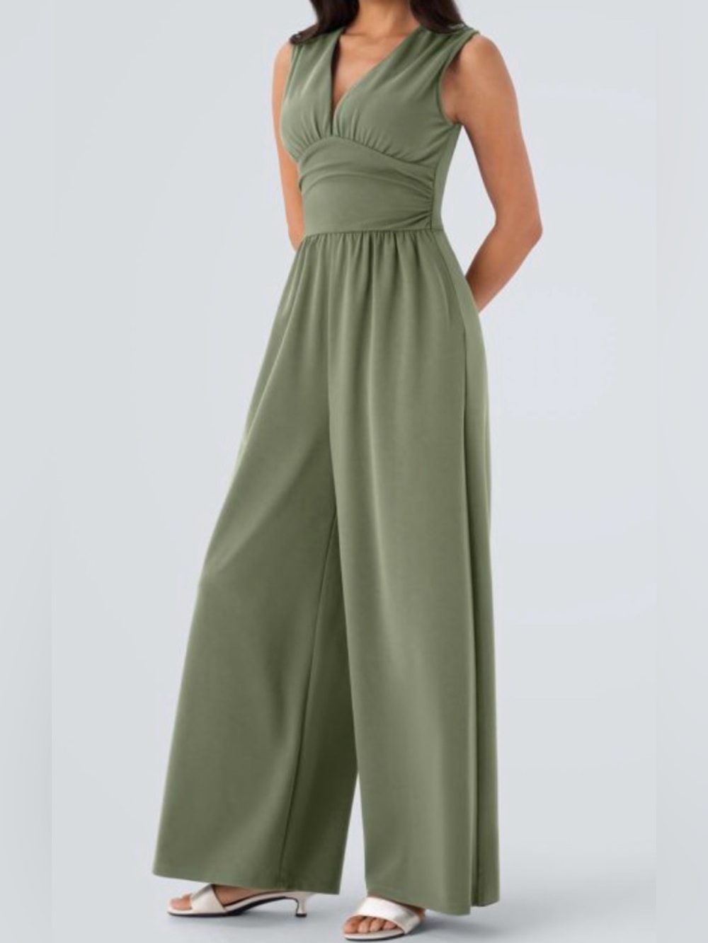 HALARA Olive Green Sleeveless Wide-Leg Jumpsuit